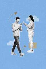 Poster - Vertical composite collage image picture of two black white colors people chatting smart phone isolated on creative background