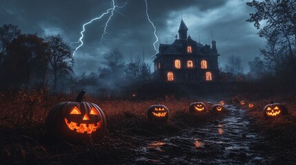 Halloween background with a haunted house on a hill, lit by lightning, with a path lined with sinister-looking pumpkins