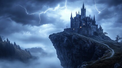 Wall Mural - halloween background with a spooky, enchanted castle perched on a rocky cliff, surrounded by swirlin