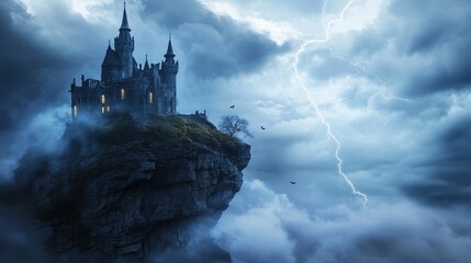 Wall Mural - halloween background with a spooky, enchanted castle perched on a rocky cliff, surrounded by swirlin