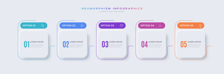 Wall Mural - Infographic design template with 5 options or steps and line icons. Useful for process diagram, presentations, banner, flow chart, workflow layout, info graph.