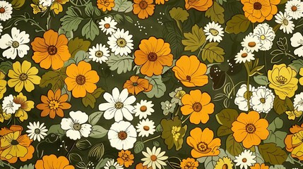 Wall Mural - Vintage Floral Pattern in Orange, White, and Green