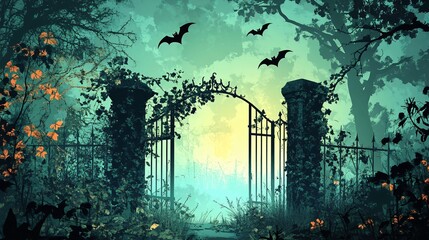 Wall Mural - halloween background with an old, decrepit cemetery gate, overgrown with ivy, and the silhouettes of
