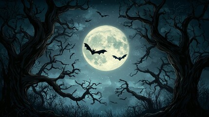 Wall Mural - spooky halloween background with a full moon casting eerie light over a haunted forest, with silhoue