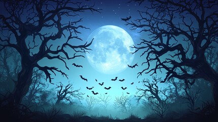 spooky halloween background with a full moon casting eerie light over a haunted forest, with silhoue