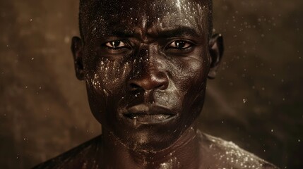 Sticker - Intense Gaze Portrait of a Man Covered in Dust