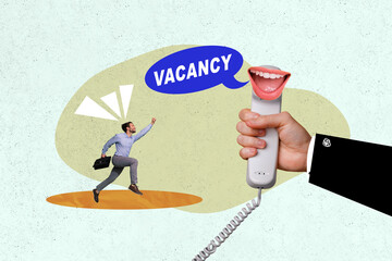 Sticker - Composite picture collage of young recruiter hiring for new job applicant calling vacancy telephone isolated on beige color background