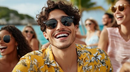 A young man in sunglasses and a floral shirt laughing with friends at a beach party, capturing the essence of youthful exuberance and tropical summer fun.