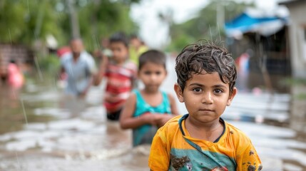 a young child, with other children in the background, is seen walking through a rain-soaked, flooded