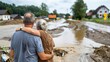 © LifeMedia - A couple embraces as they overlook the devastation caused by a recent flood, showing damaged homes and muddy streets, depicting resilience and shared sorrow in the aftermath of the disaster.