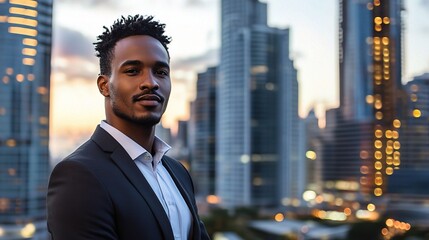 Poster - Confident Businessman: A young, stylish African-American businessman stands confidently against a cityscape backdrop, radiating ambition and determination. 