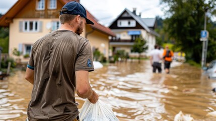 a person carries supplies through a waterlogged street in a flooded neighborhood, depicting the imme