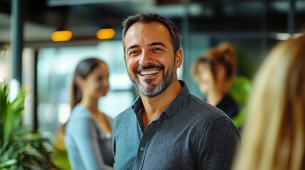 Poster - Confident Leader, Collaborative Team: A charismatic leader beams with pride, his team's success reflected in his infectious smile, within a modern, vibrant office environment. 