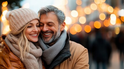 A cheerful couple dressed in winter clothes share a loving moment in front of dazzling festive lights, reflecting the joy and warmth of the holiday season.