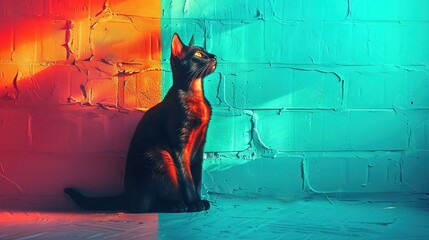 Poster -   A cat perched on the ground against a brick wall with red and blue illumination