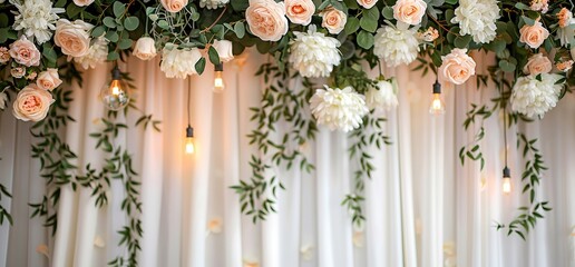 Beautiful floral backdrop with pink and white flowers, greenery, and string lights. Perfect for wedding decor, event styling, or photography backgrounds.