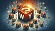 © Anupong - large glowing question mark inside a cube labeled 'WHY,' surrounded by smaller cubes with letters and question marks, and miniature people. The importance of asking 'why,' seeking deeper understanding