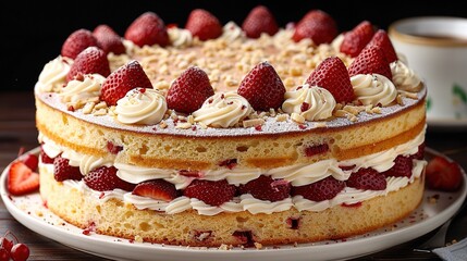   A zoomed-in image of a cake with strawberries on a plate, accompanied by a cup of coffee and saucer in the background