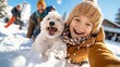 © LifeMedia - A cheerful child and a playful dog delighting in the snowy outdoors, capturing the joy and excitement of winter, companionship, and the carefree spirit of both children and animals.
