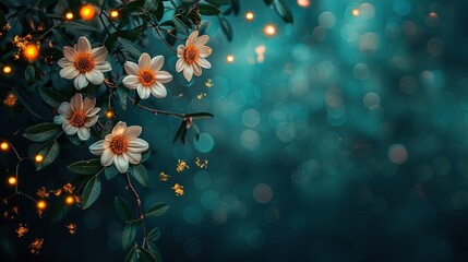 Wall Mural -   A zoomed-in photo of several flowers on a tree limb against a backdrop of twinkling lights, with hazy highlights in the foreground