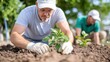 © LifeMedia - A bearded man with white gloves is planting a young plant outdoors, while another person works in the background. The setting appears to be a lush garden.