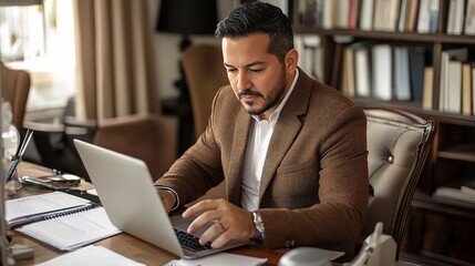 Wall Mural - Focused Businessman:  A concentrated businessman working on his laptop in a well-lit office setting, showcasing professionalism and dedication.  