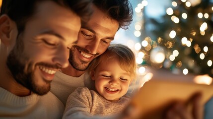 A joyful family of three, including two adults and one child, reads together while celebrating Christmas with festive lights and a decorated tree in the background.