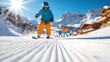 © LifeMedia - Close-up of a child skiing on groomed snow slopes, with a bright sun, blue skies, and snow-covered mountains in the background. Other skiers are visible in the distance.