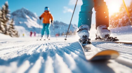 two skiers in colorful outfits are viewed from behind as they ski on a snow-covered track, surrounde
