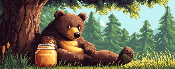 a pixel art cartoon bear with a jar of honey, lounging under a tree in the forest