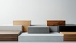 © JP STUDIO LAB - A modern podium with overlapping, square platforms arranged symmetrically, each with a different texture like wood, concrete, and glass