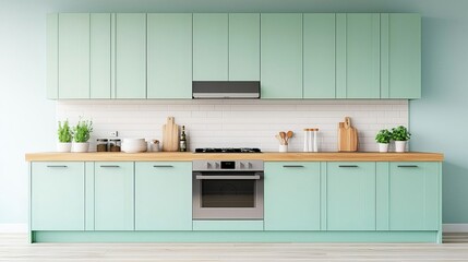 Modern kitchen featuring mint green cabinets, a wooden countertop, and a sleek backsplash, with potted herbs and cooking utensils for a fresh, clean look.
