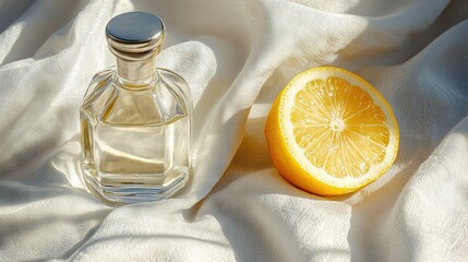 Wall Mural -   An orange sits next to a bottle of perfume on a white cloth, casting a shadow of a sliced fruit