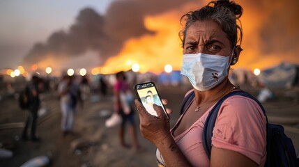 A woman is using her smartphone in a disaster-stricken area, with a large fire burning in the background, showcasing the chaos and her determination to stay connected.