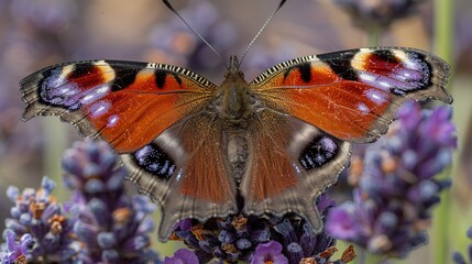 Sticker -   A macro shot of a butterfly perched atop a cluster of purplish blooms against a fuzzy backdrop