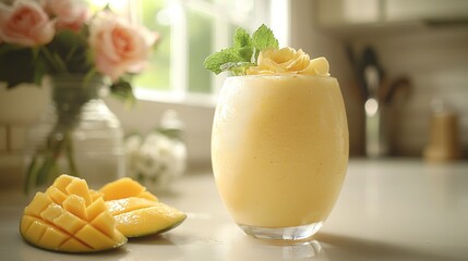 Wall Mural -   A zoomed-in image of a glass on a table beside a flower vase and a fragment of fruit