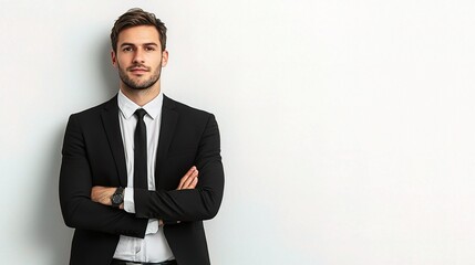 Sticker - Confident Businessman: A portrait of a young, successful businessman exudes confidence and professionalism in a sharp black suit against a clean, minimalist backdrop. 