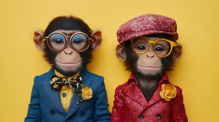 Two monkeys dressed in fashionable clothing stand against a yellow background, creating a stylish and creative image