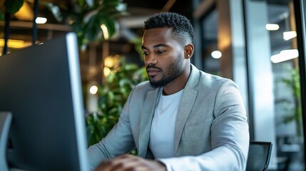 Wall Mural - Focused in the Digital Hub: A young Black professional intently works on his desktop computer in a modern, plant-filled office