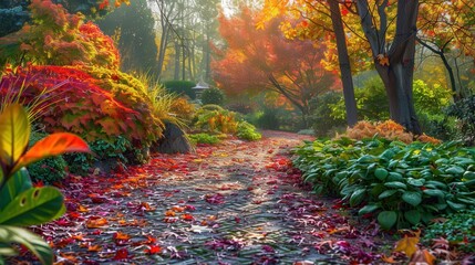 Wall Mural - A tranquil garden path covered in a vibrant mix of fall foliage, with trees in the background