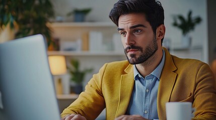 Focused Entrepreneur in Home Office: A young businessman in a yellow blazer intently works on his laptop, embodying the modern work-from-home lifestyle. 