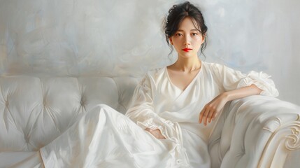 Poster - A Woman in White, Sitting Elegantly on a Couch