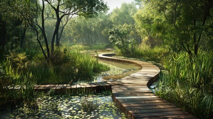 Wall Mural - A tranquil nature trail winding through a serene wetlands area, with boardwalks and marshes teeming with birdlife and lush vegetation.