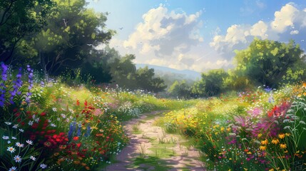 Wall Mural - A tranquil path winds through a field of wildflowers, with the gentle breeze carrying the sweet fragrance of blooming flowers