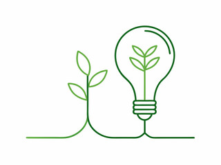 Wall Mural - continuous single line drawing of green plant in light bulb, green energy concept line art vector illustration
