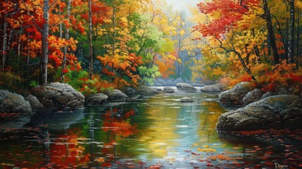 Poster - A tranquil river meanders through a forest of fall foliage, with the colorful leaves reflecting in the water