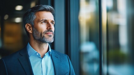 Canvas Print - The Weight of Decisions: A contemplative businessman gazes pensively out a high-rise window, reflecting on the challenges and opportunities that lie ahead. 