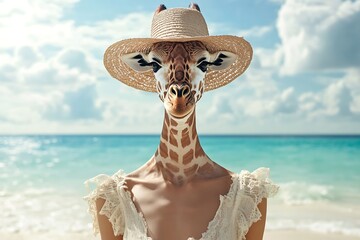 Surreal Fusion: Giraffe-Human Hybrid in Stylish Summer Attire on Tropical Beach