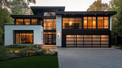 Wall Mural - Modern exterior of a contemporary home featuring floor to ceiling black-framed windows painted white brick walls with cedar siding garage doors with black glass elegant flat roof and slim line outdoor