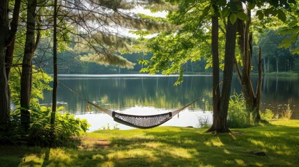 A tranquil summer retreat with a hammock strung between two trees, overlooking a peaceful lake and surrounded by lush greenery.